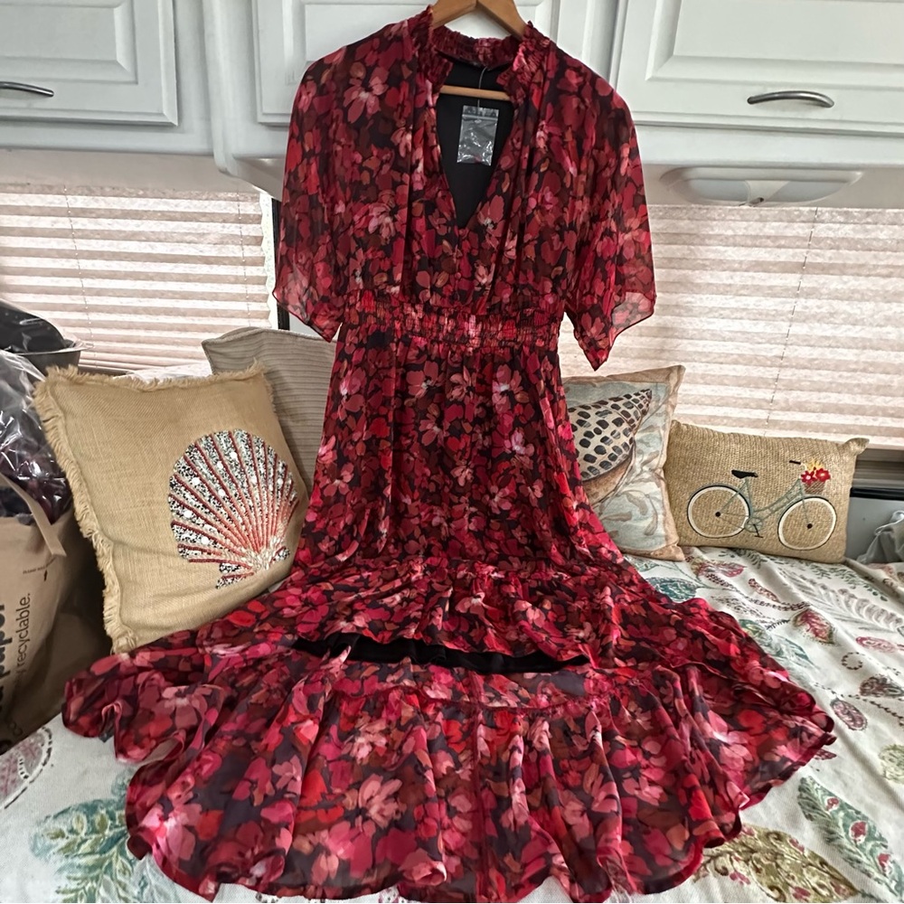 Feminine Venus High-Low Red Floral Flowy Maxi Dress Size S Women's‎ Sheer Lined